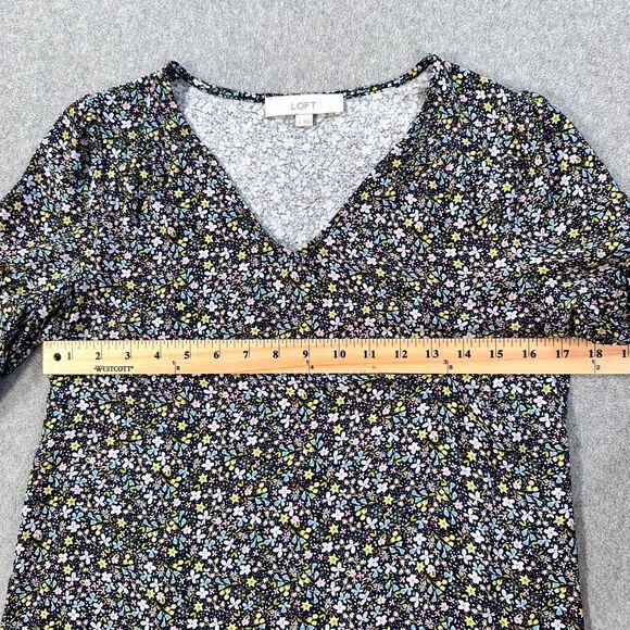 LOFT V-Neck Bell Sleeve Floral Blouse Women's Small Navy Blue Yellow Top - Picture 5 of 7